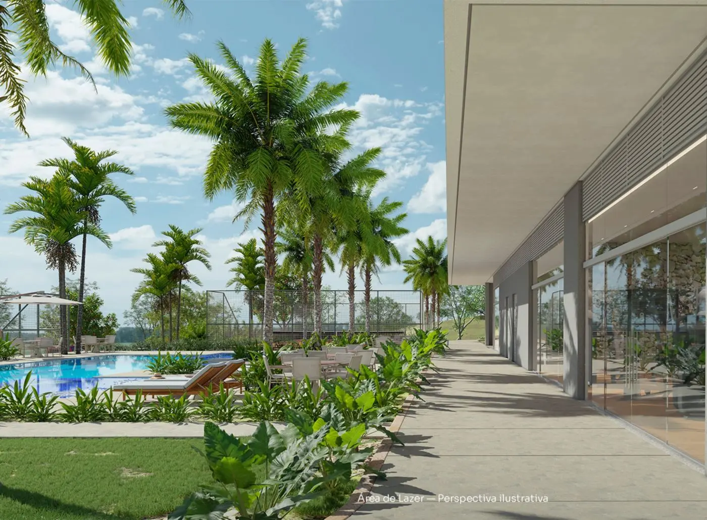 Área de lazer com piscina e espaço gourmet — perspectiva ilustrativa