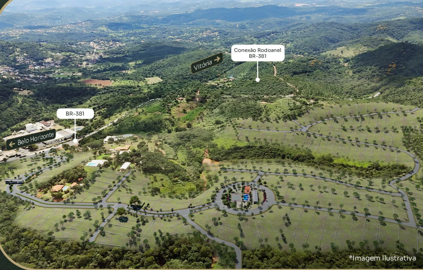 Vista aérea do condomínio com a BR-381 e a conexão com o Rodoanel demarcadas