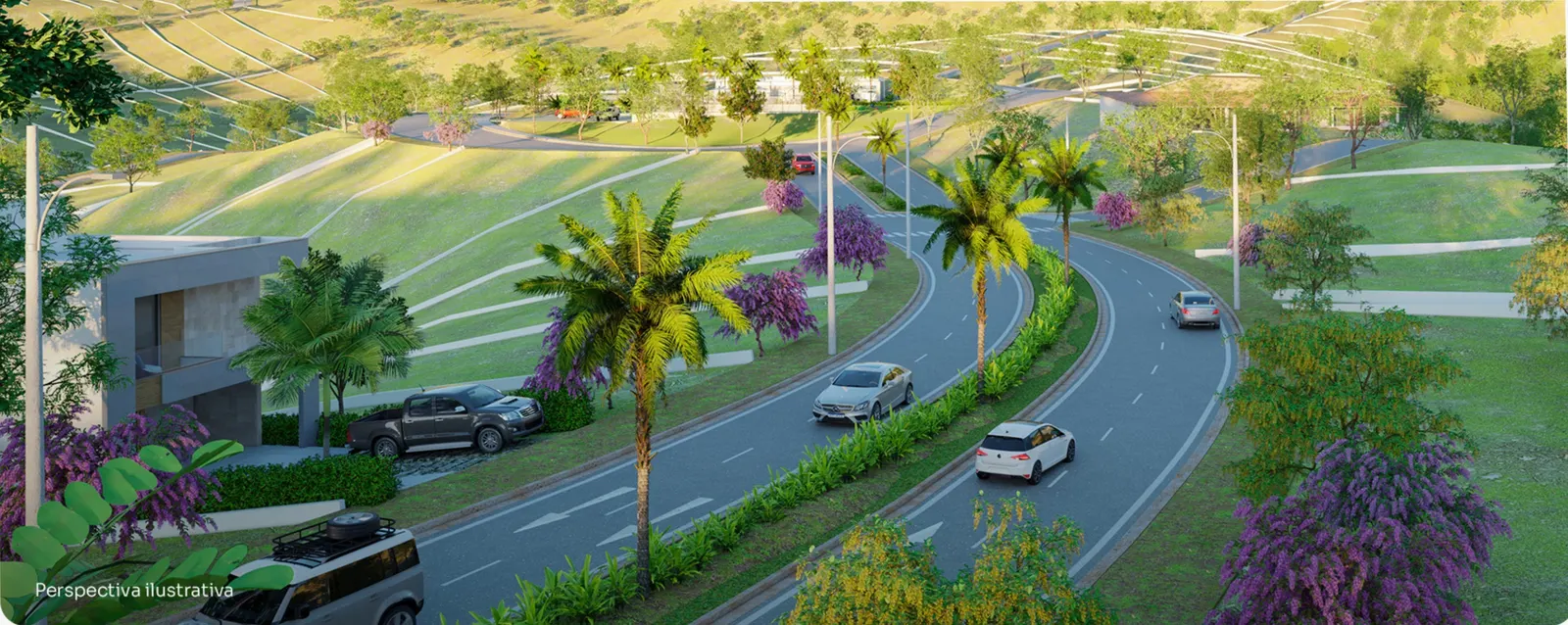 Avenida arborizada entre os lotes do Condomínio Jardim das Gerais, com ipês roxos e as montanhas ao fundo — perspectiva ilustrativa