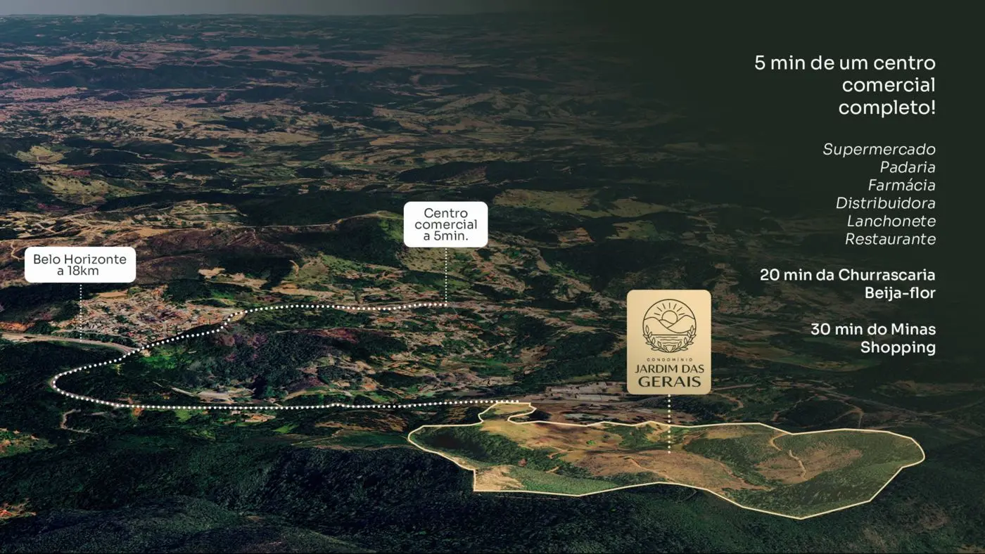 Mapa aéreo mostrando a distância entre Belo Horizonte, o centro comercial e o condomínio