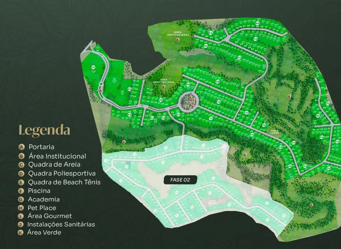 Planta geral do condomínio com a legenda de portaria, quadras, piscina, academia, pet place e áreas verdes
