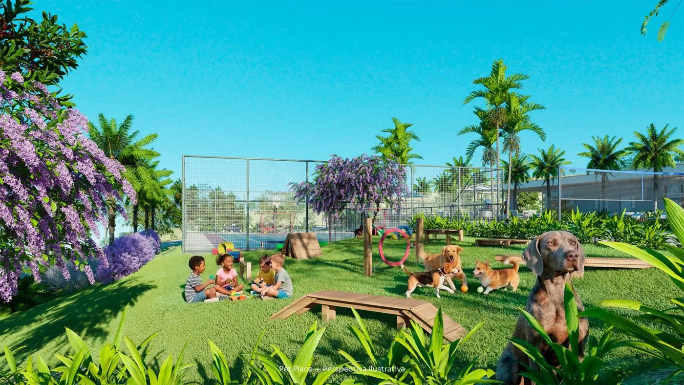 Pet place com brinquedos e área gramada — perspectiva ilustrativa