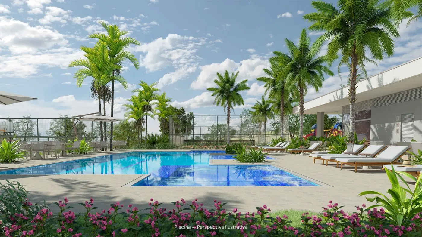 Piscina do condomínio com deck e espreguiçadeiras — perspectiva ilustrativa