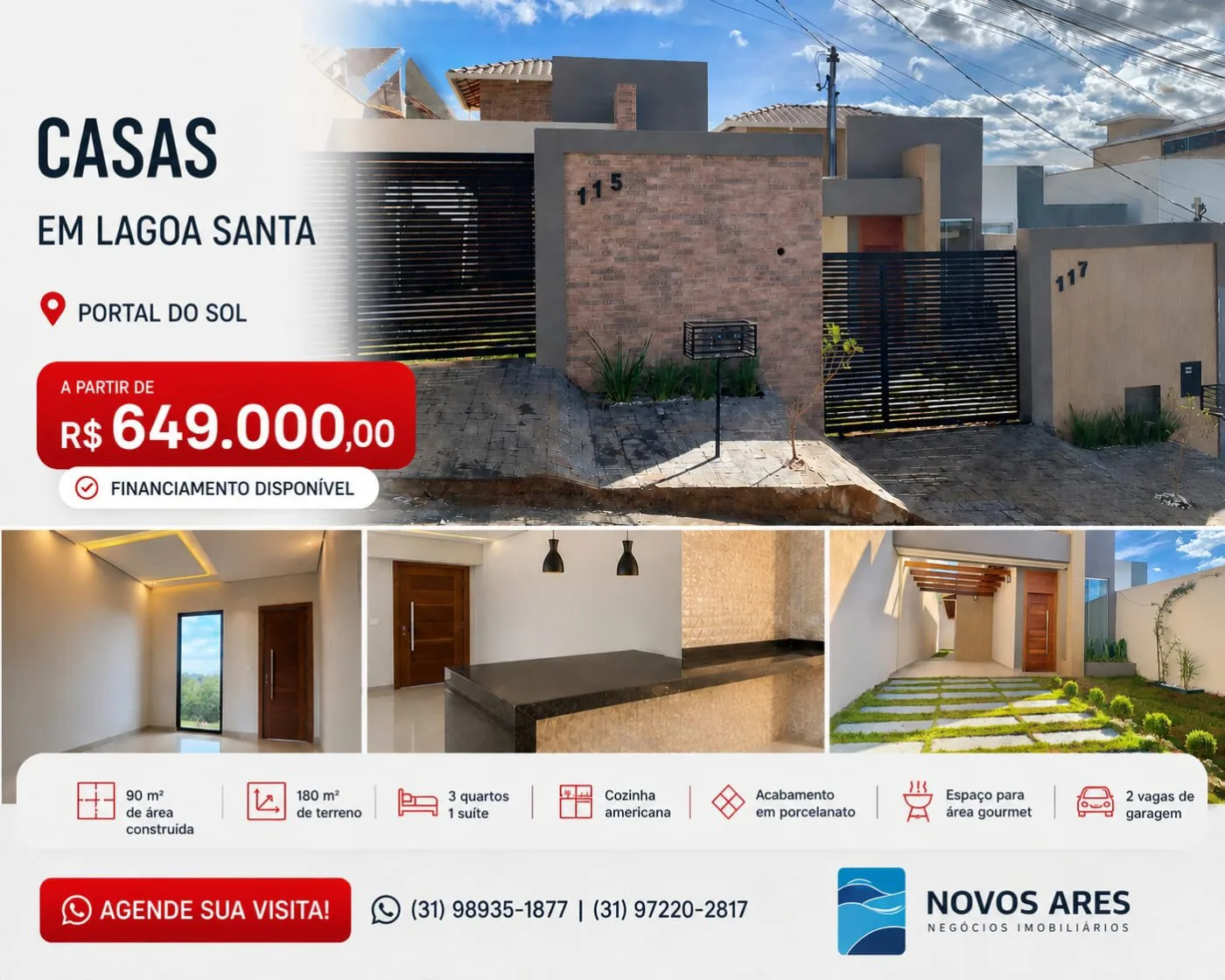 Casa para Venda, Lagoa Santa / MG, bairro Portal do Sol, 3 dormitórios, sendo 1 suíte, 3 banheiros, 2 vagas de garagem, ár