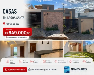 Casa para Venda, Lagoa Santa / MG, bairro Portal do Sol, 3 dormitórios, sendo 1 suíte, 3 banheiros, 2 vagas de garagem,